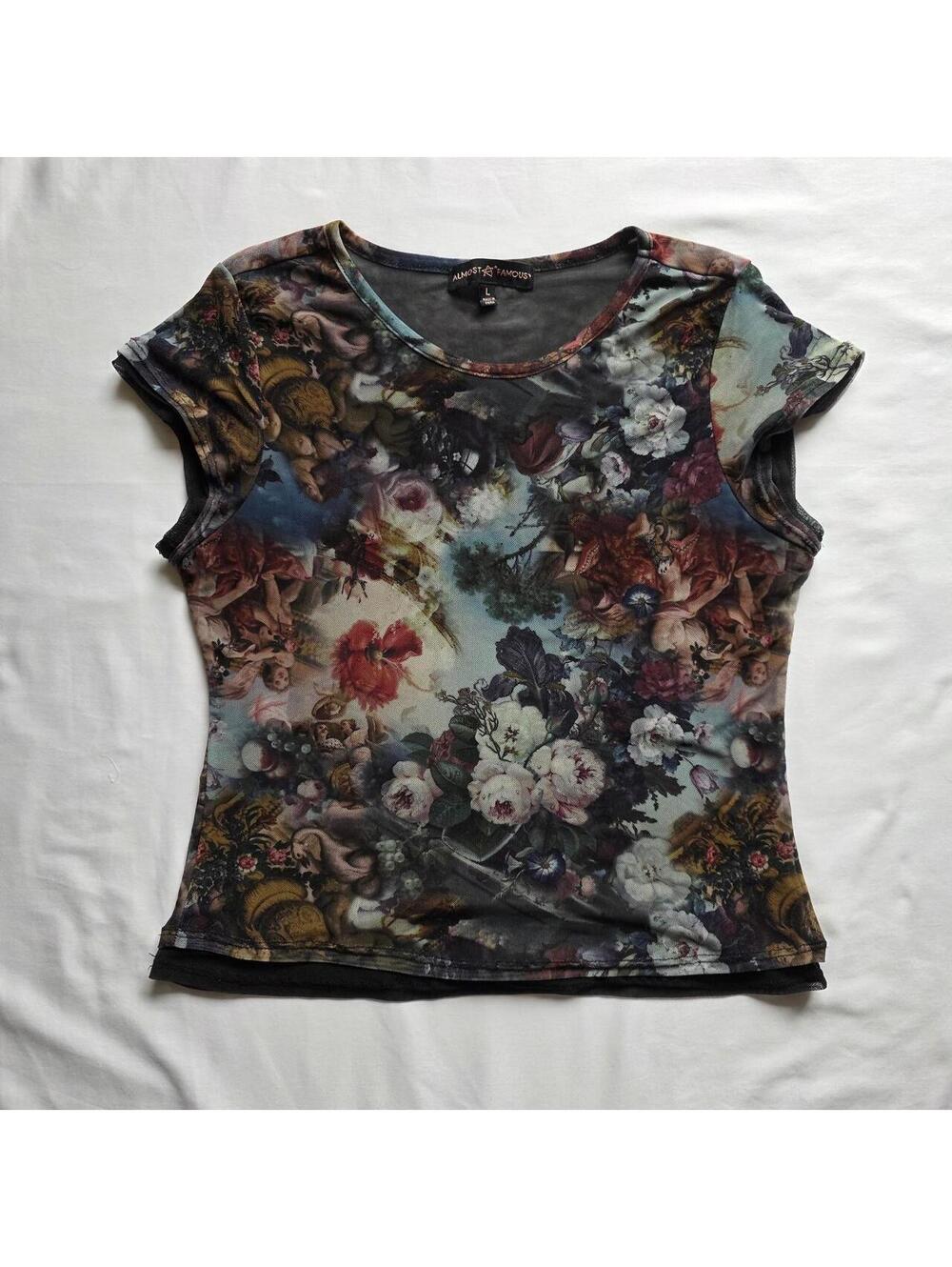 Almost Famous Y2k Renaissance Floral Mesh Top with Cherubs, size L